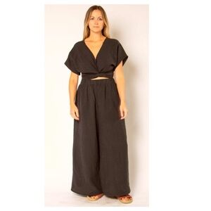 Hackwith Design House Black Linen Wrap Top and Wide Leg Pant Set